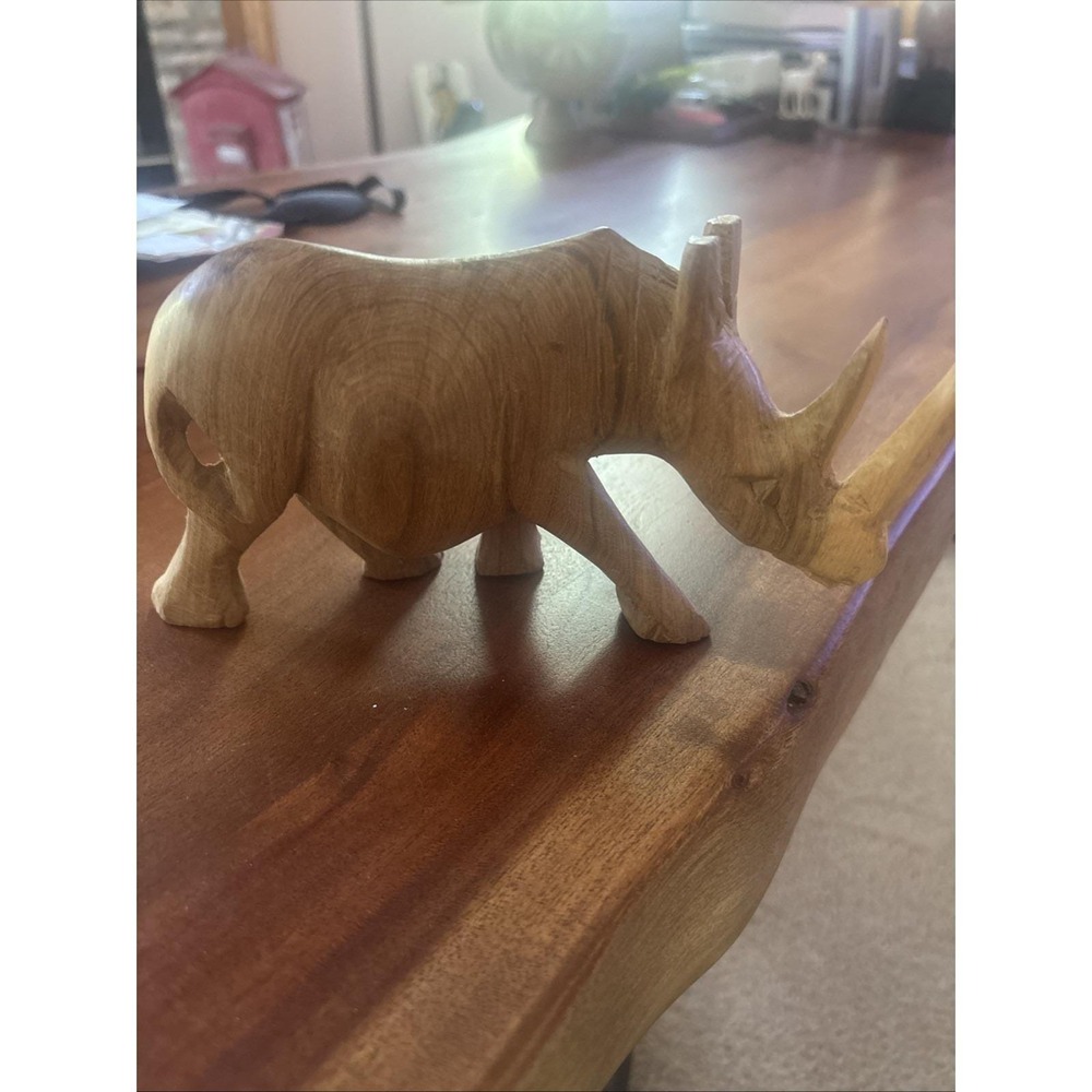 Hand Carved Wood Rhinoceros Sculpture African Wooden Rhino Figure 7"